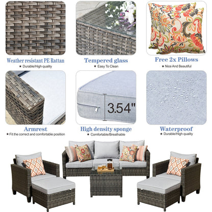 Set da conversazione in vimini per patio esterno OVIOS da 6 pezzi con tavolo con piano in vetro