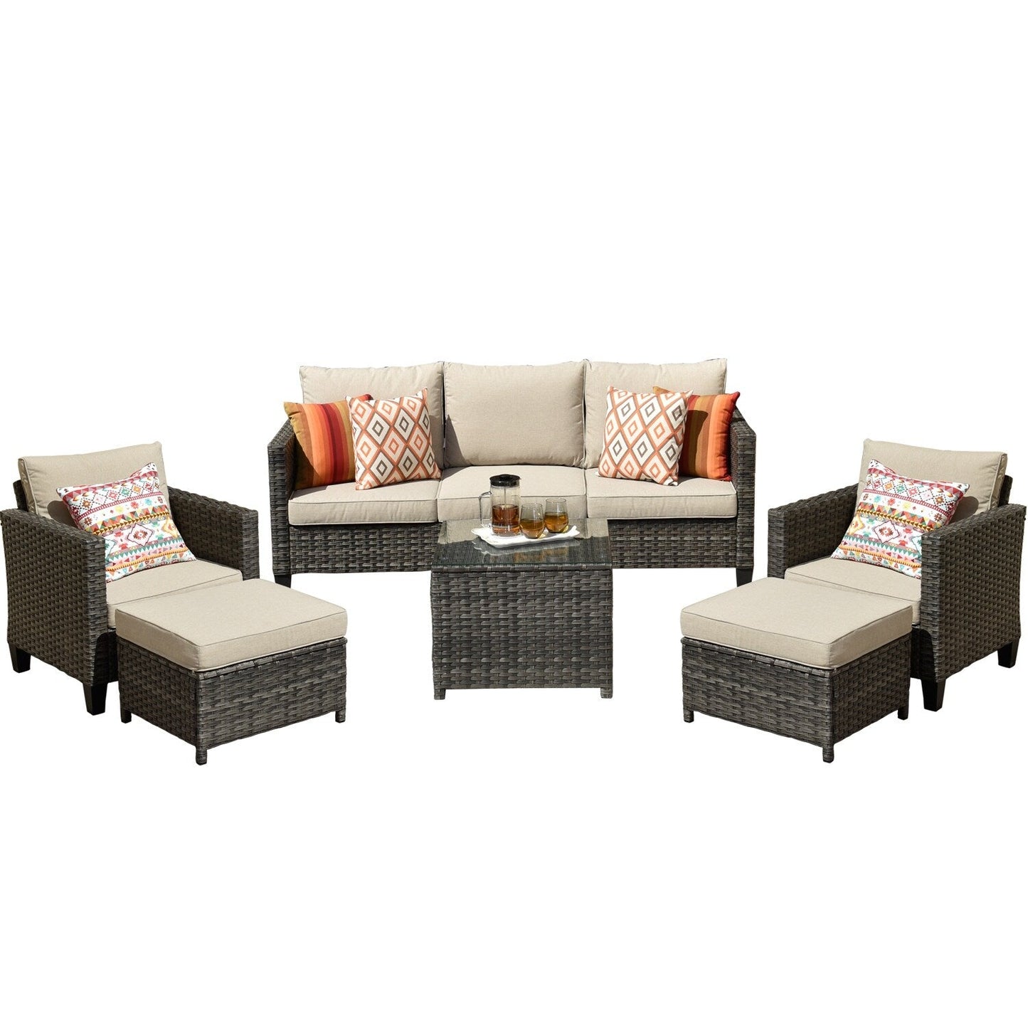 Set da conversazione in vimini per patio esterno OVIOS da 6 pezzi con tavolo con piano in vetro