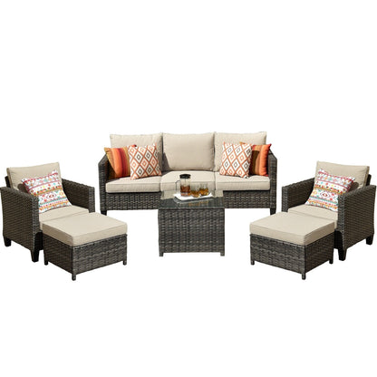 Set da conversazione in vimini per patio esterno OVIOS da 6 pezzi con tavolo con piano in vetro