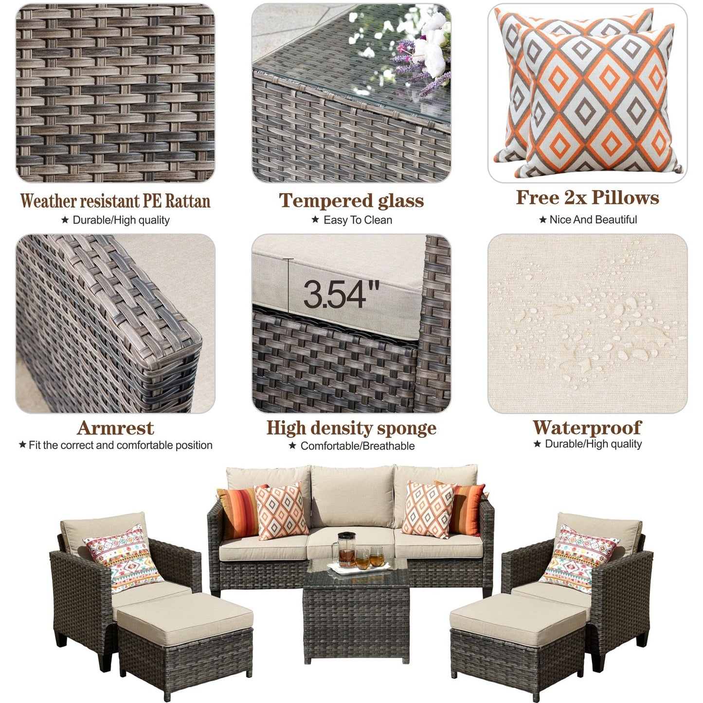 Set da conversazione in vimini per patio esterno OVIOS da 6 pezzi con tavolo con piano in vetro