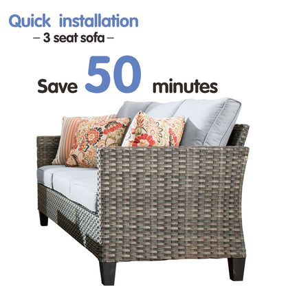 Set da conversazione in vimini per patio esterno OVIOS da 6 pezzi con tavolo con piano in vetro