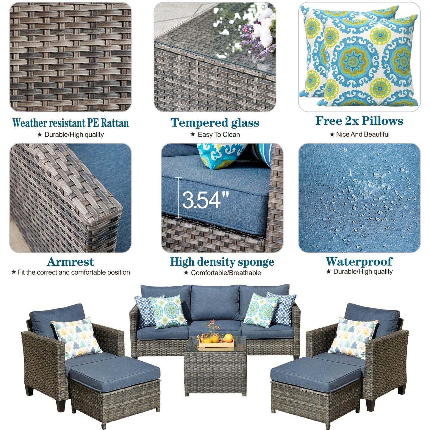 Set da conversazione in vimini per patio esterno OVIOS da 6 pezzi con tavolo con piano in vetro