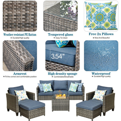 Set da conversazione in vimini per patio esterno OVIOS da 6 pezzi con tavolo con piano in vetro