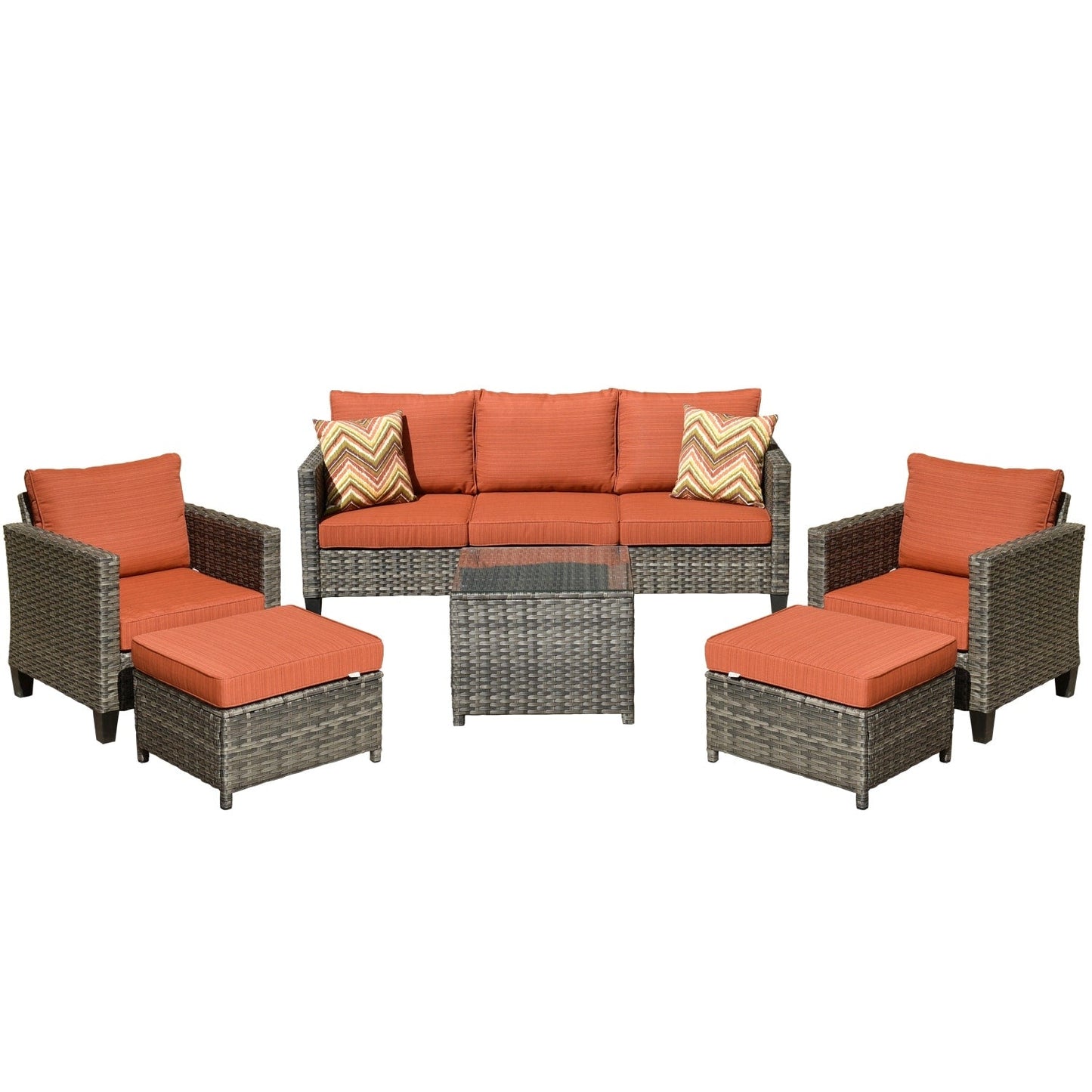 Set da conversazione in vimini per patio esterno OVIOS da 6 pezzi con tavolo con piano in vetro