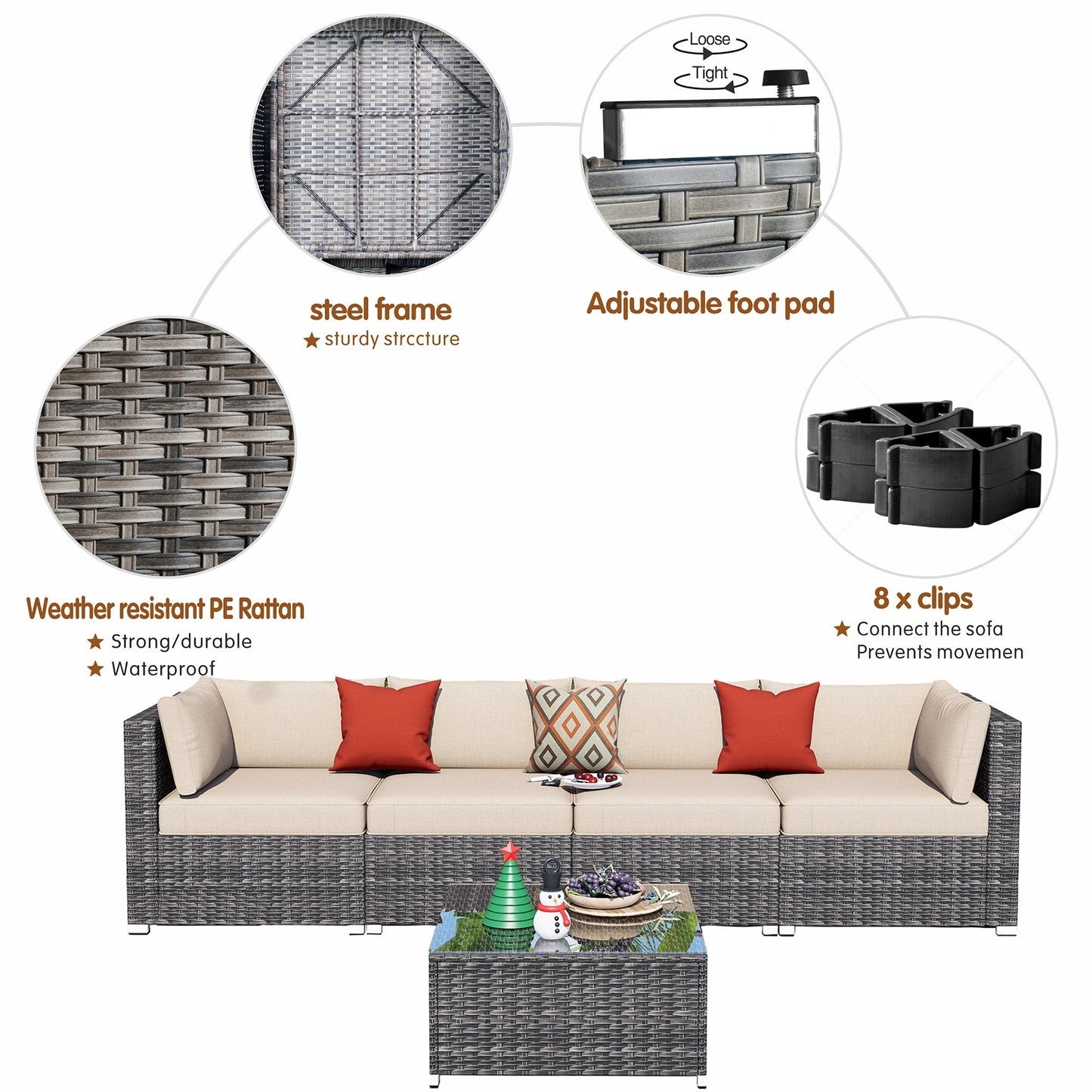 Set di divani componibili in vimini OVIOS Deep Seat da 5 pezzi