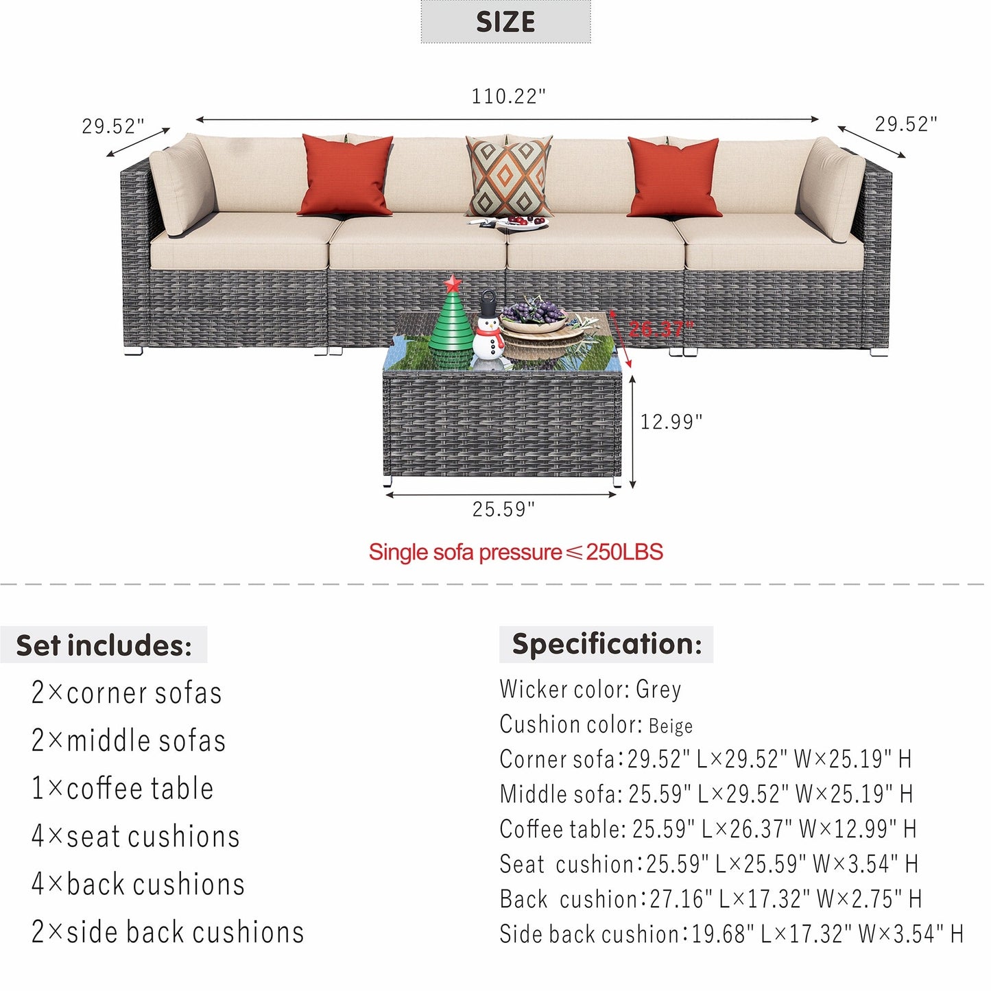 Set di divani componibili in vimini OVIOS Deep Seat da 5 pezzi