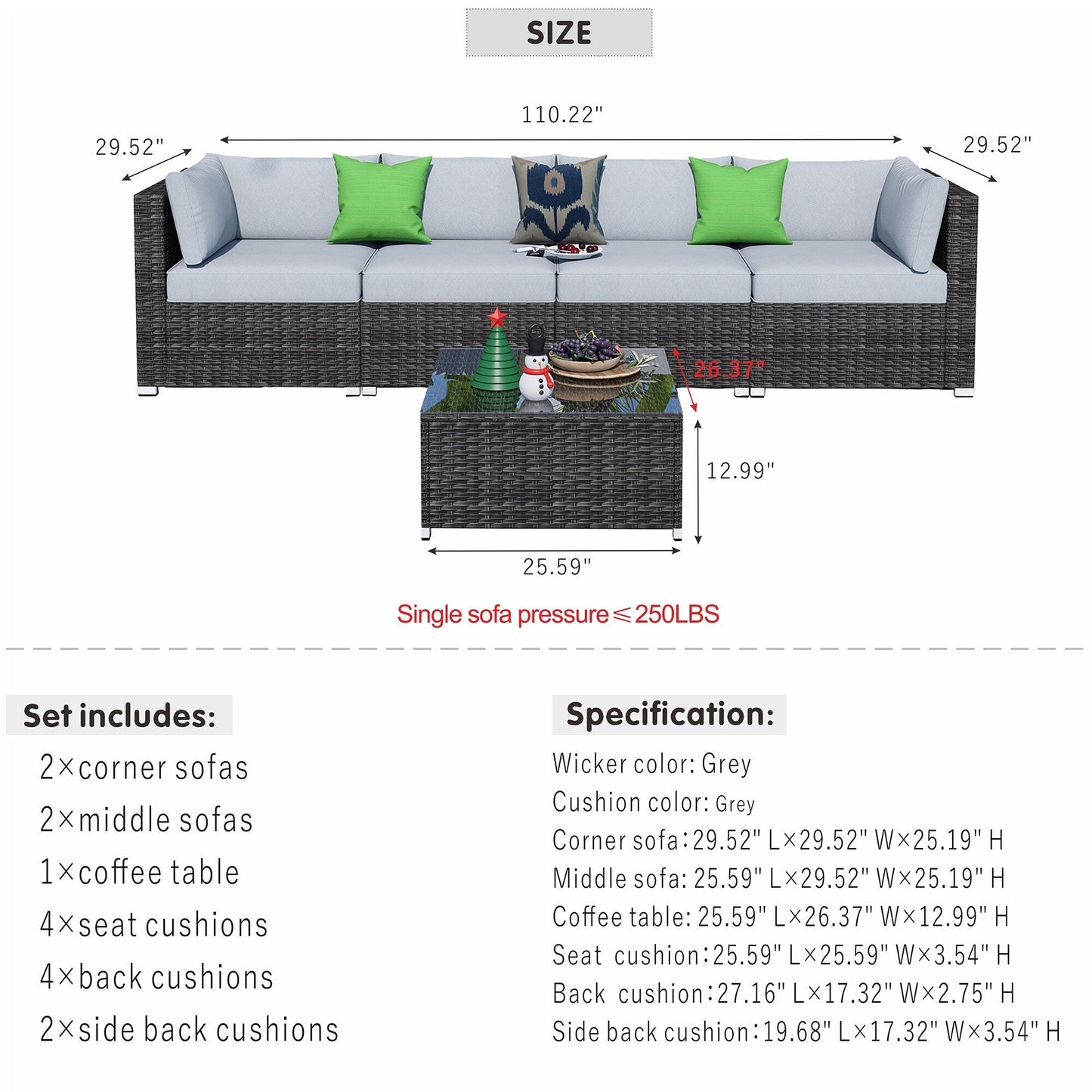 Set di divani componibili in vimini OVIOS Deep Seat da 5 pezzi