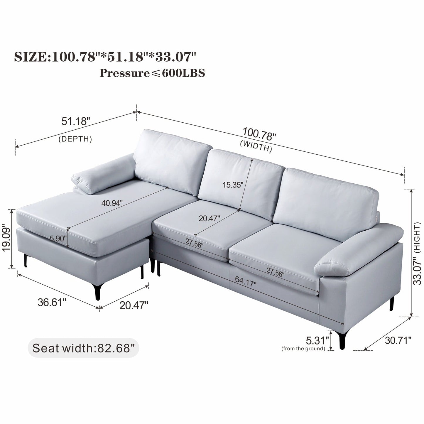 Divano chaise longue reversibile OVIOS con cuscini soffici e gambe in metallo