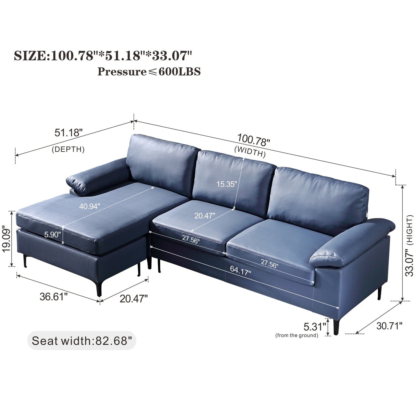 Divano chaise longue reversibile OVIOS con cuscini soffici e gambe in metallo