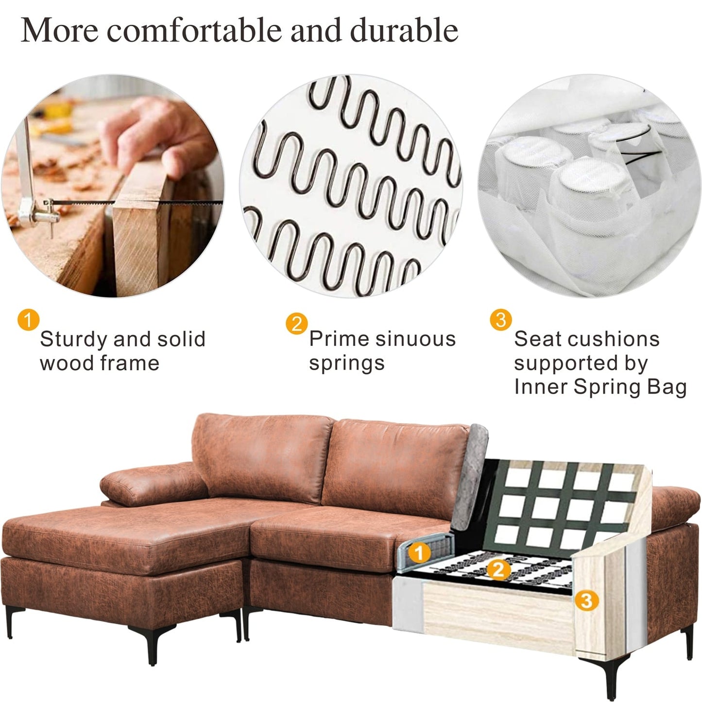 Divano chaise longue reversibile OVIOS con cuscini soffici e gambe in metallo