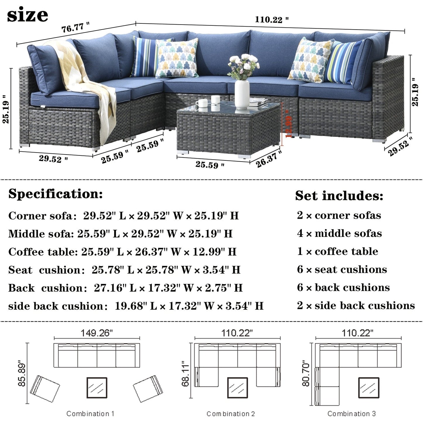 Set di divani componibili OVIOS Deep Seat Wicker da 7 pezzi