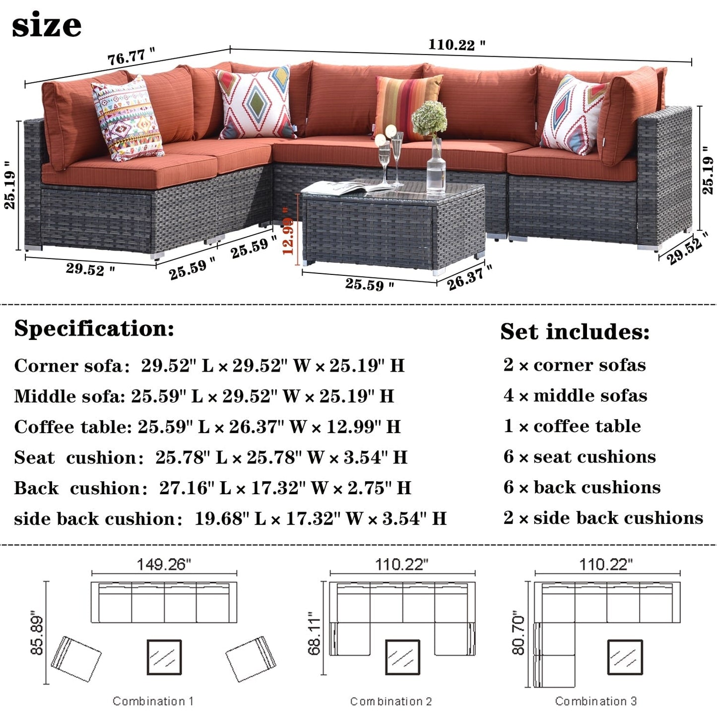 Set di divani componibili OVIOS Deep Seat Wicker da 7 pezzi