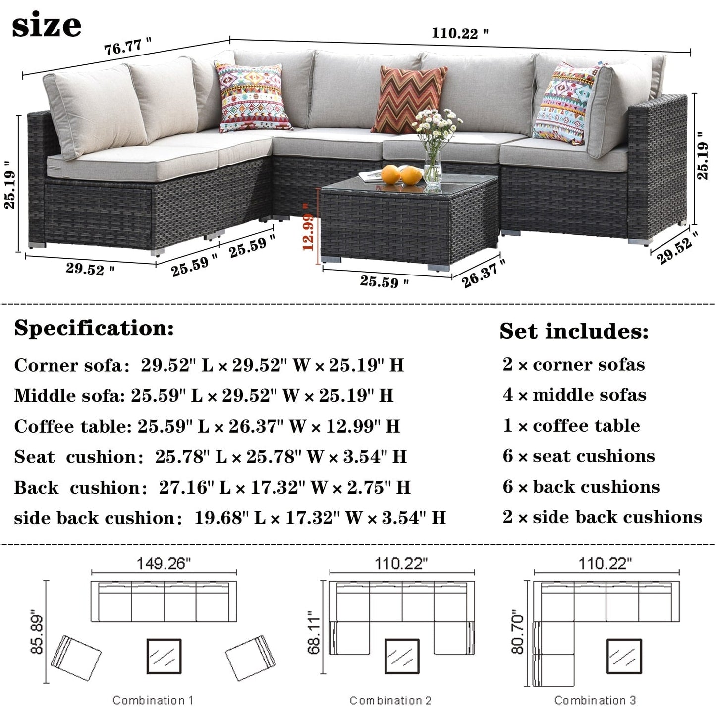 Set di divani componibili OVIOS Deep Seat Wicker da 7 pezzi