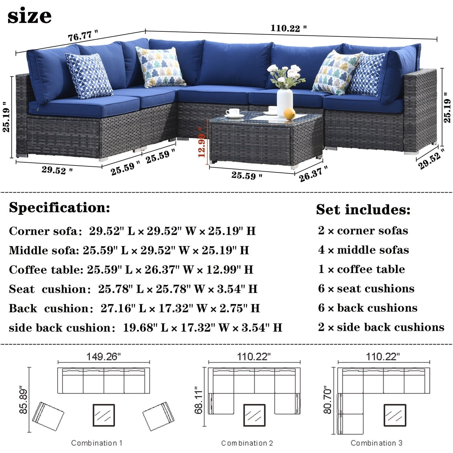 Set di divani componibili OVIOS Deep Seat Wicker da 7 pezzi