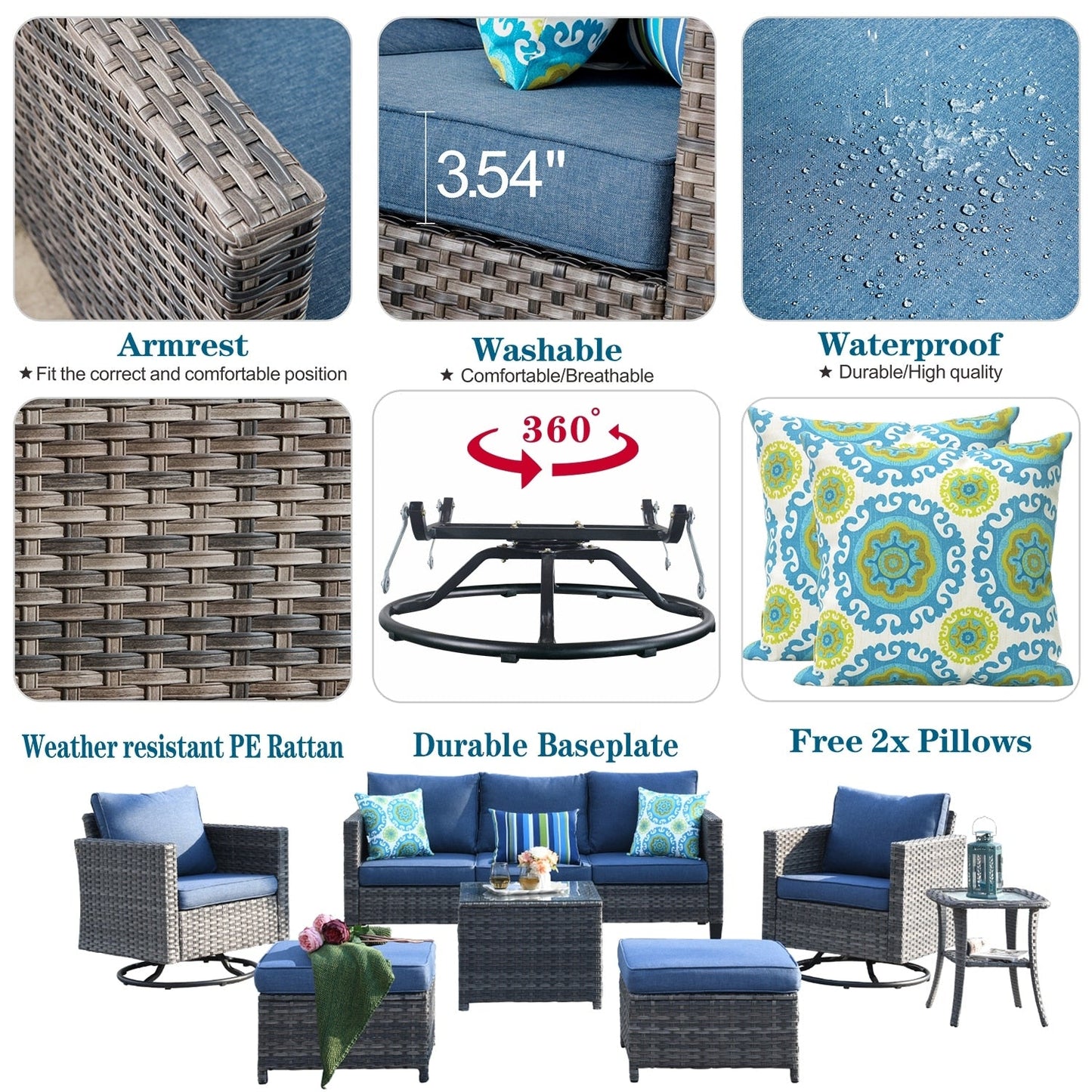 Set di mobili da giardino in vimini OVIOS da 7 pezzi con sedie a dondolo girevoli