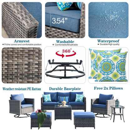 Set di mobili da giardino in vimini OVIOS da 7 pezzi con sedie a dondolo girevoli