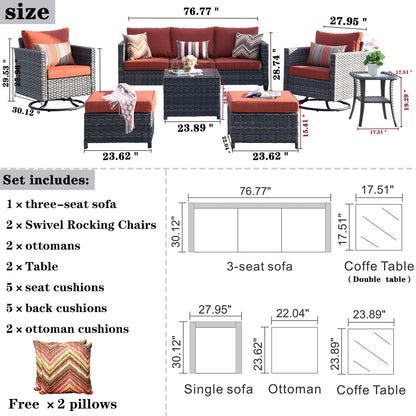 Set di mobili da giardino in vimini OVIOS da 7 pezzi con sedie a dondolo girevoli