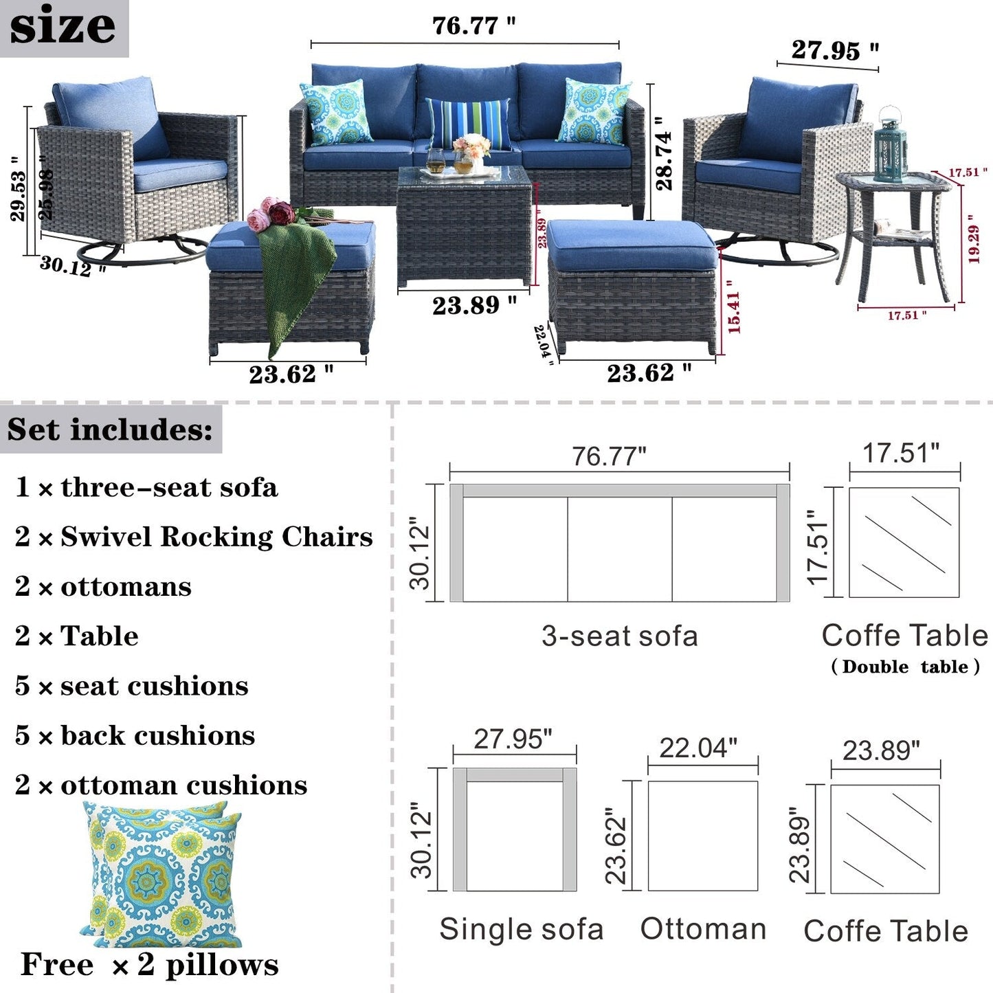 Set di mobili da giardino in vimini OVIOS da 7 pezzi con sedie a dondolo girevoli