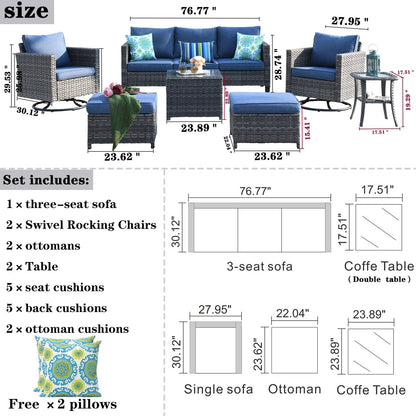 Set di mobili da giardino in vimini OVIOS da 7 pezzi con sedie a dondolo girevoli