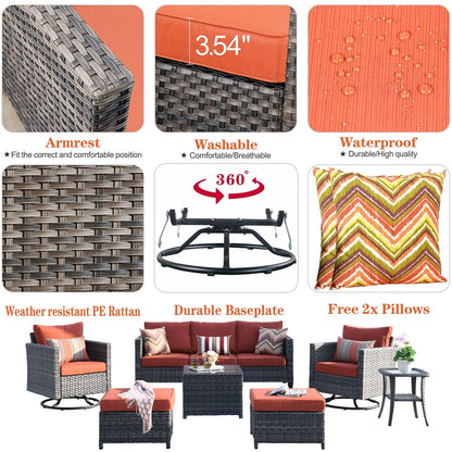 Set di mobili da giardino in vimini OVIOS da 7 pezzi con sedie a dondolo girevoli