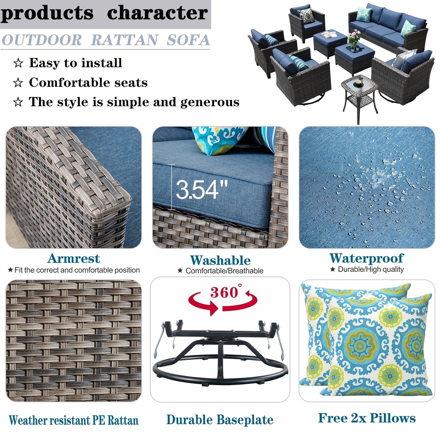 Set di mobili da conversazione in vimini da giardino OVIOS da 8 pezzi con sedie girevoli