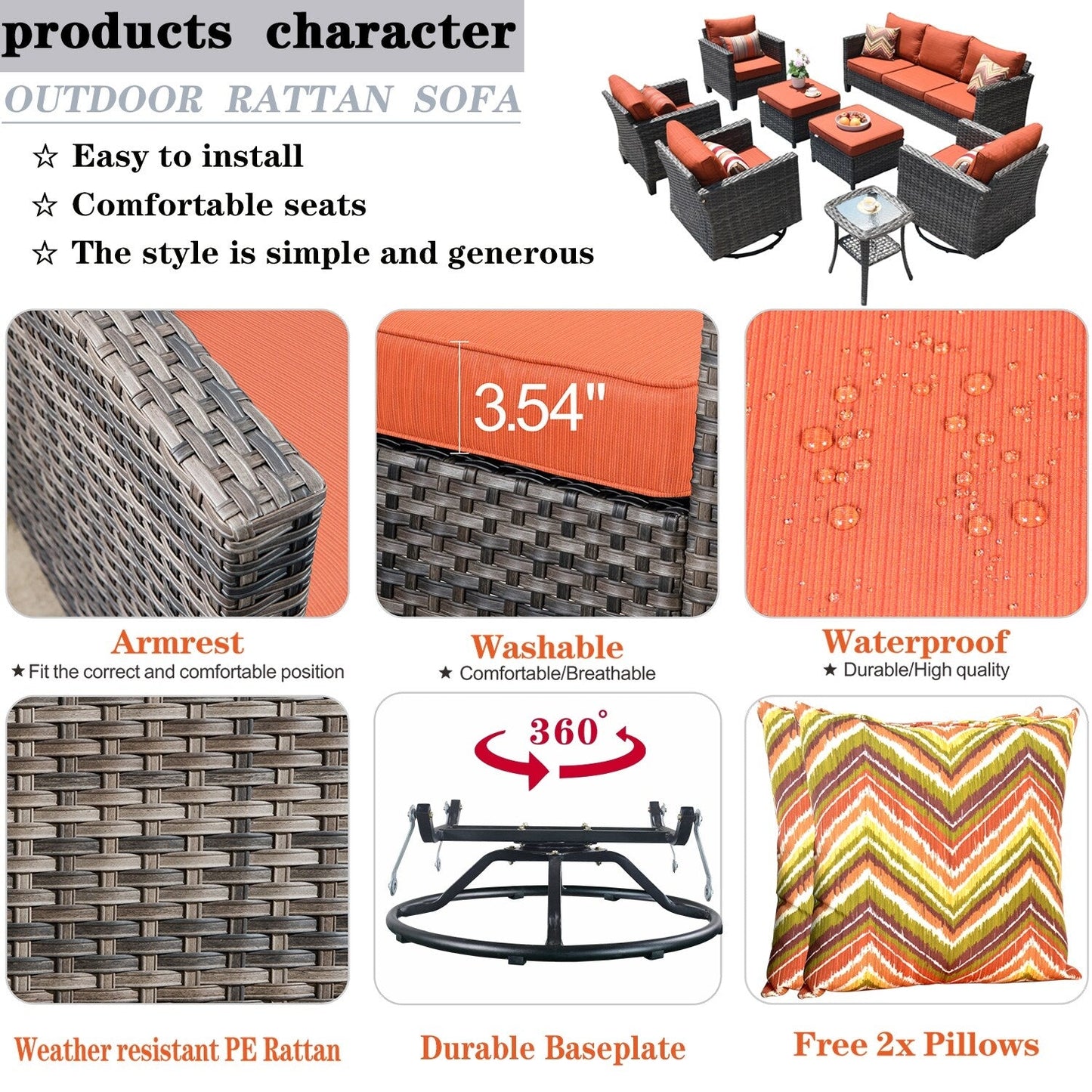 Set di mobili da conversazione in vimini da giardino OVIOS da 8 pezzi con sedie girevoli