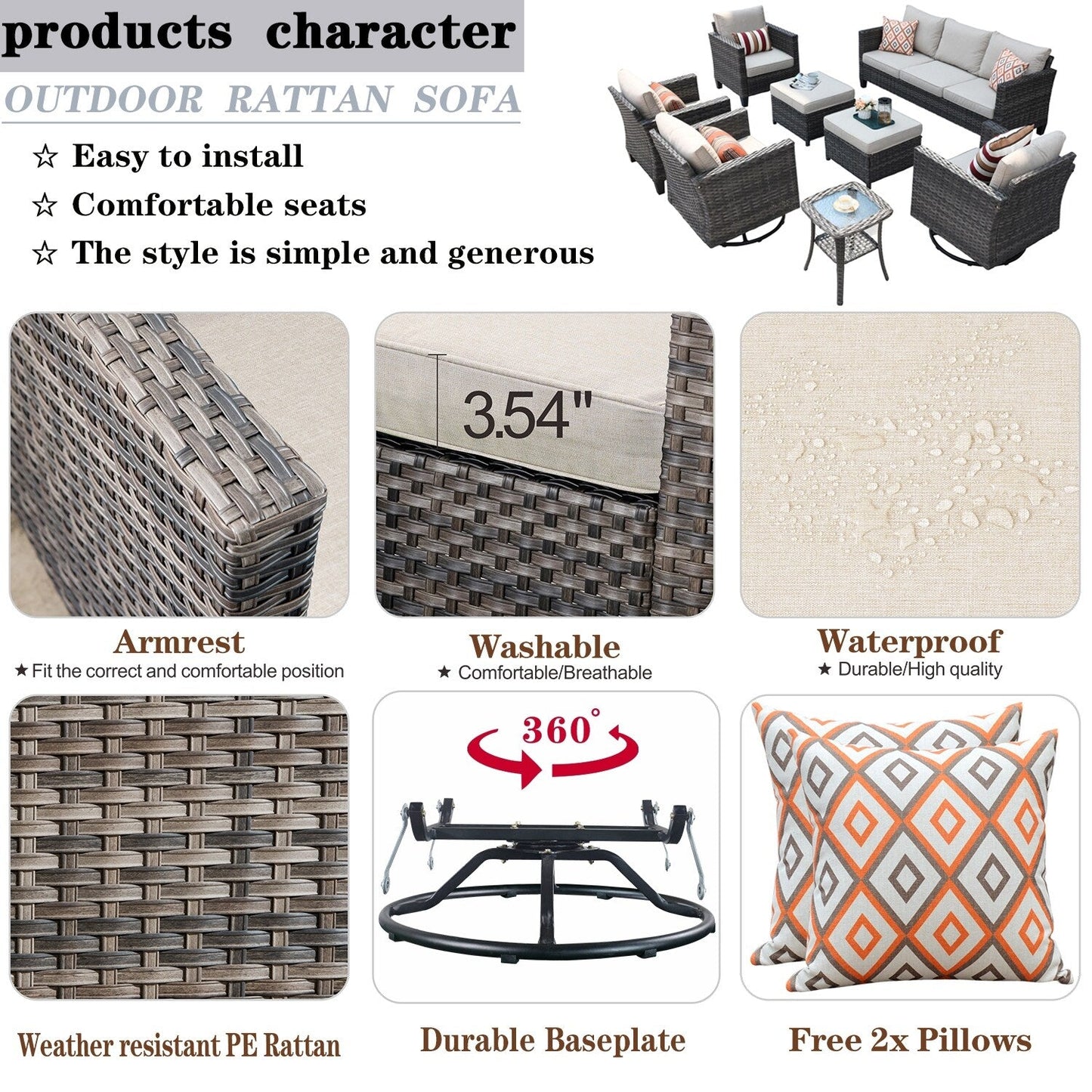 Set di mobili da conversazione in vimini da giardino OVIOS da 8 pezzi con sedie girevoli