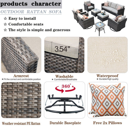 Set di mobili da conversazione in vimini da giardino OVIOS da 8 pezzi con sedie girevoli