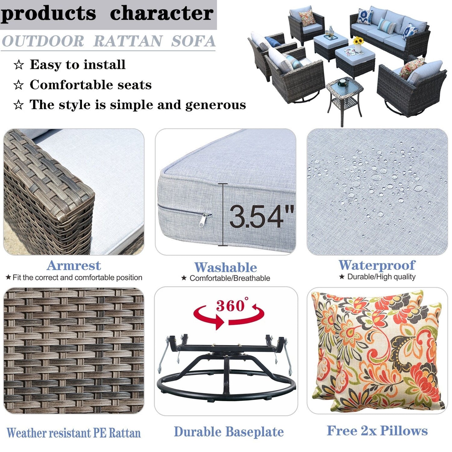 Set di mobili da conversazione in vimini da giardino OVIOS da 8 pezzi con sedie girevoli