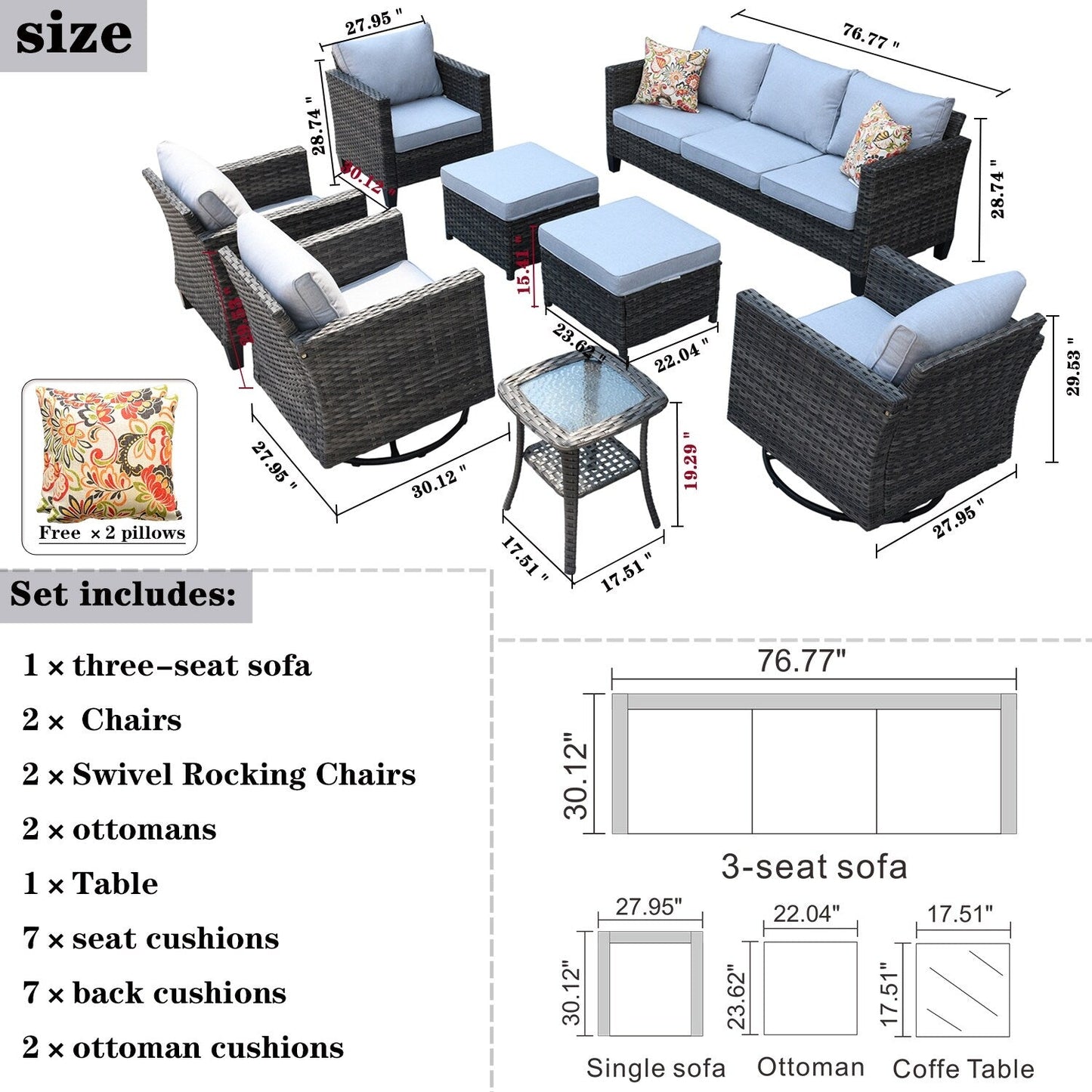 Set di mobili da conversazione in vimini da giardino OVIOS da 8 pezzi con sedie girevoli