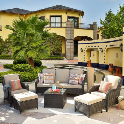 Set da conversazione in vimini da 6 pezzi OVIOS con tavolo con piano in vetro