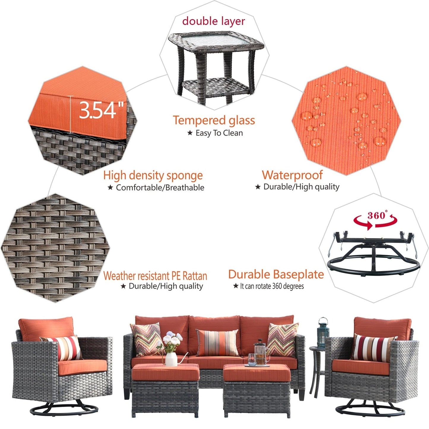 Set di divani da conversazione in vimini da giardino OVIOS da 6 pezzi con sedie a dondolo girevoli