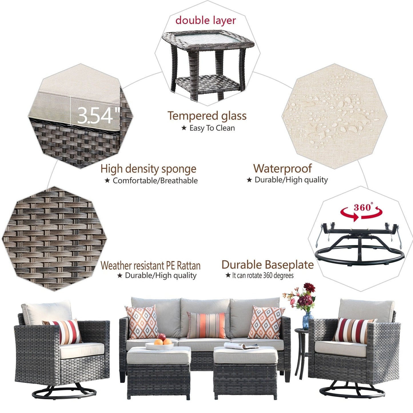 Set di divani da conversazione in vimini da giardino OVIOS da 6 pezzi con sedie a dondolo girevoli