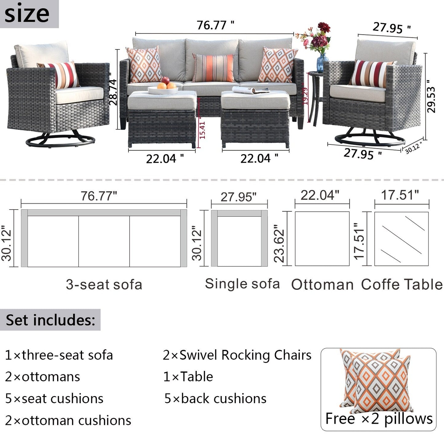 Set di divani da conversazione in vimini da giardino OVIOS da 6 pezzi con sedie a dondolo girevoli