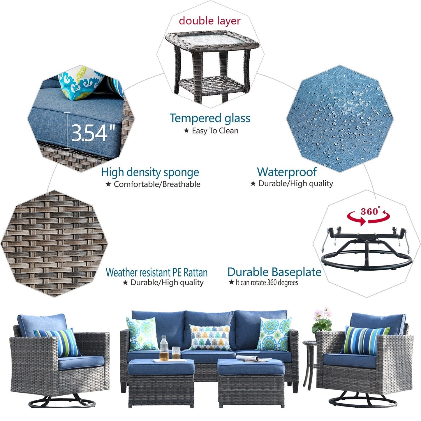 Set di divani da conversazione in vimini da giardino OVIOS da 6 pezzi con sedie a dondolo girevoli