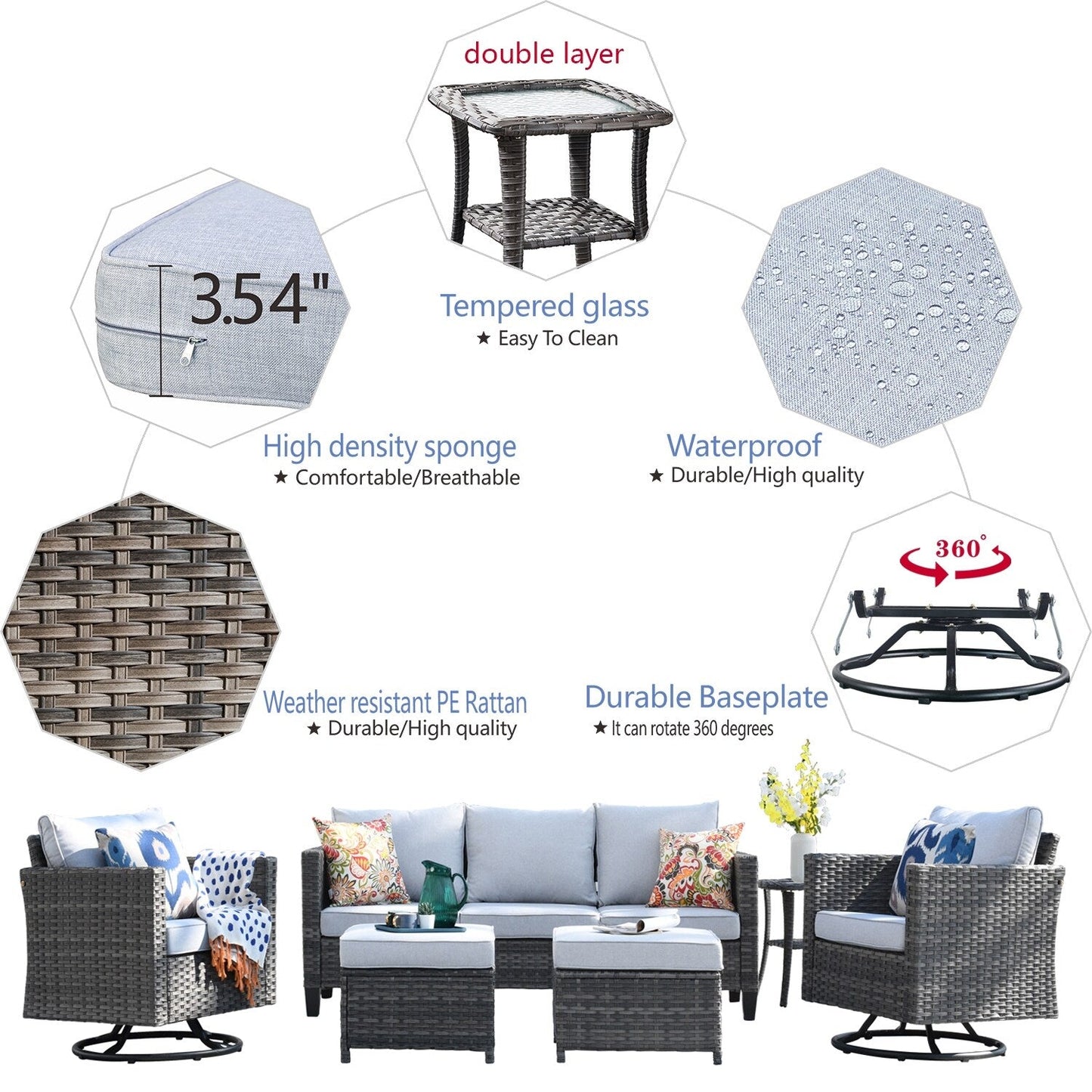 Set di divani da conversazione in vimini da giardino OVIOS da 6 pezzi con sedie a dondolo girevoli