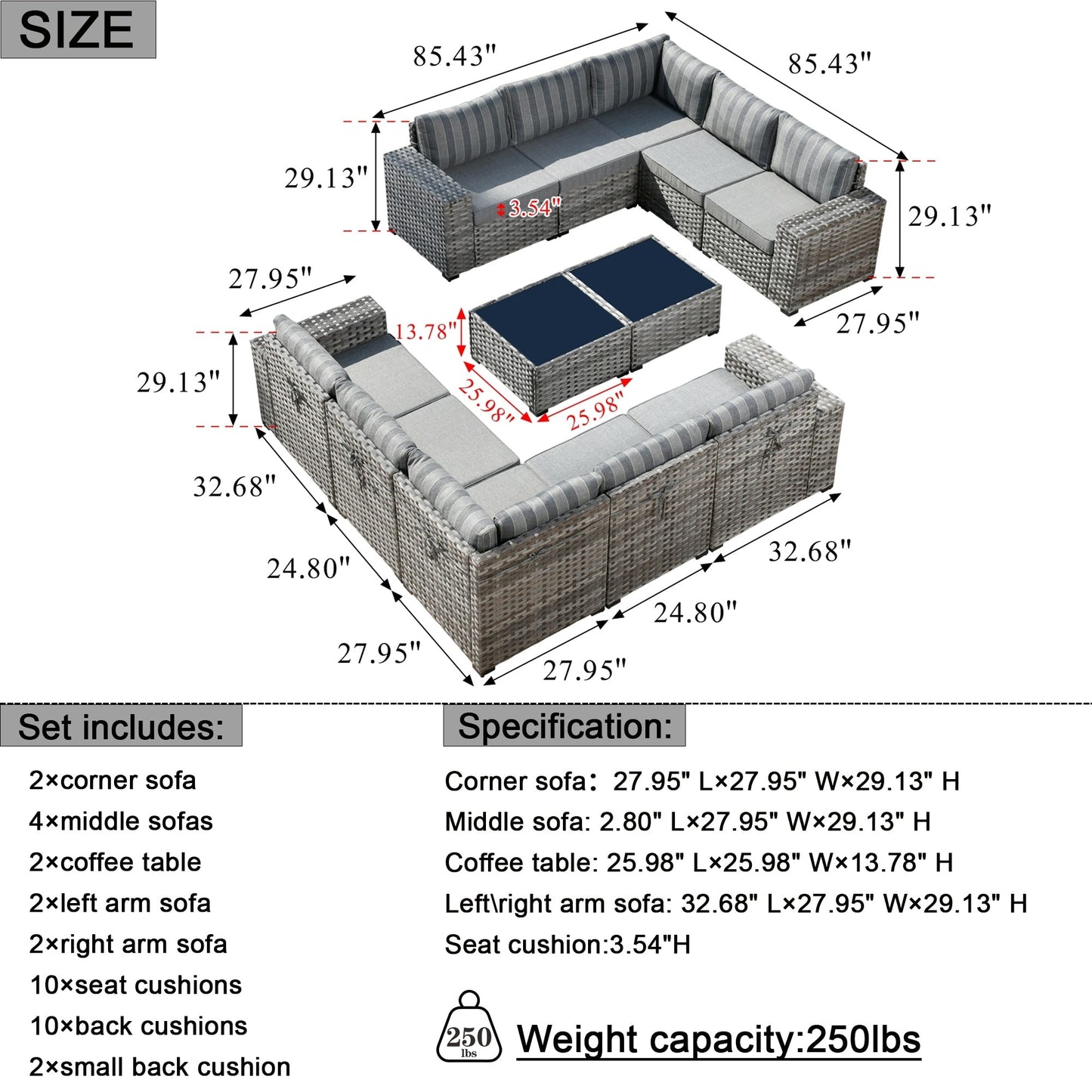 Set da 12 pezzi con tavolo e braccioli larghi per mobili da giardino in vimini OVIOS
