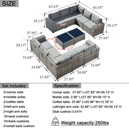 Set da 12 pezzi con tavolo e braccioli larghi per mobili da giardino in vimini OVIOS