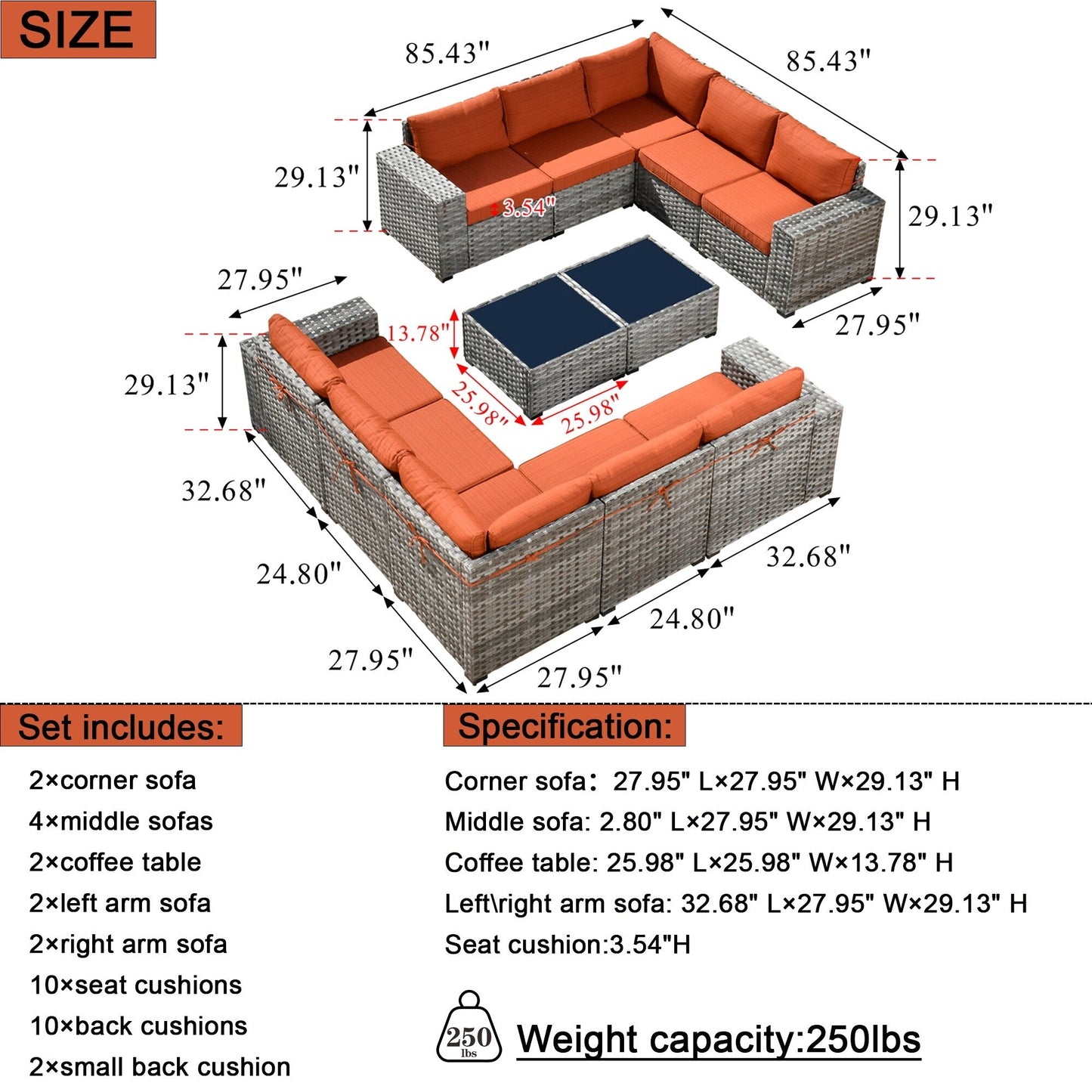 Set da 12 pezzi con tavolo e braccioli larghi per mobili da giardino in vimini OVIOS