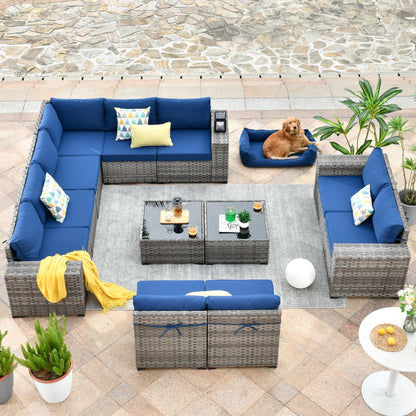 Set da 12 pezzi con tavolo e braccioli larghi per mobili da giardino in vimini OVIOS