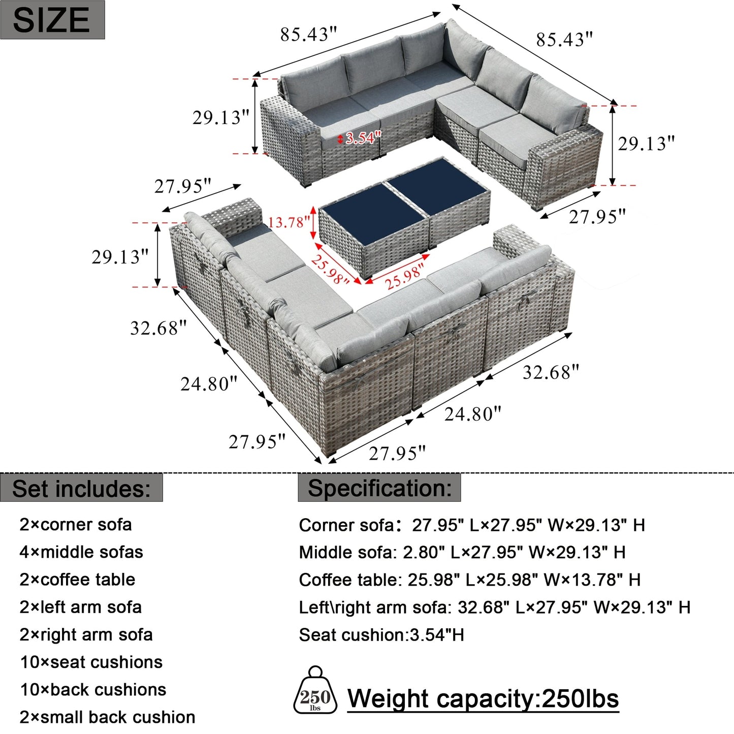Set da 12 pezzi con tavolo e braccioli larghi per mobili da giardino in vimini OVIOS