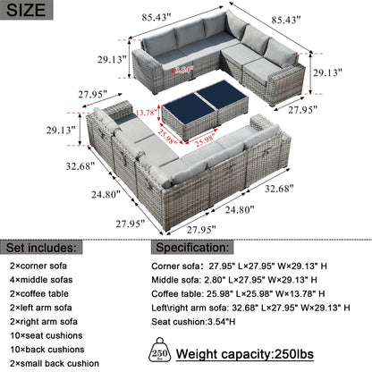Set da 12 pezzi con tavolo e braccioli larghi per mobili da giardino in vimini OVIOS