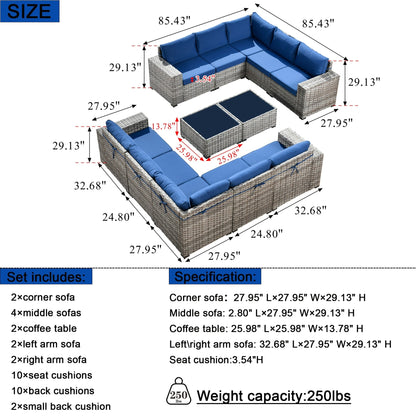 Set da 12 pezzi con tavolo e braccioli larghi per mobili da giardino in vimini OVIOS