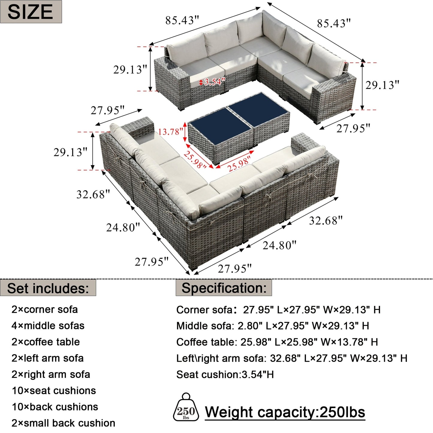 Set da 12 pezzi con tavolo e braccioli larghi per mobili da giardino in vimini OVIOS