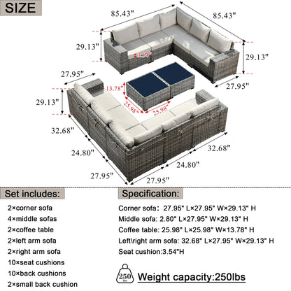 Set da 12 pezzi con tavolo e braccioli larghi per mobili da giardino in vimini OVIOS