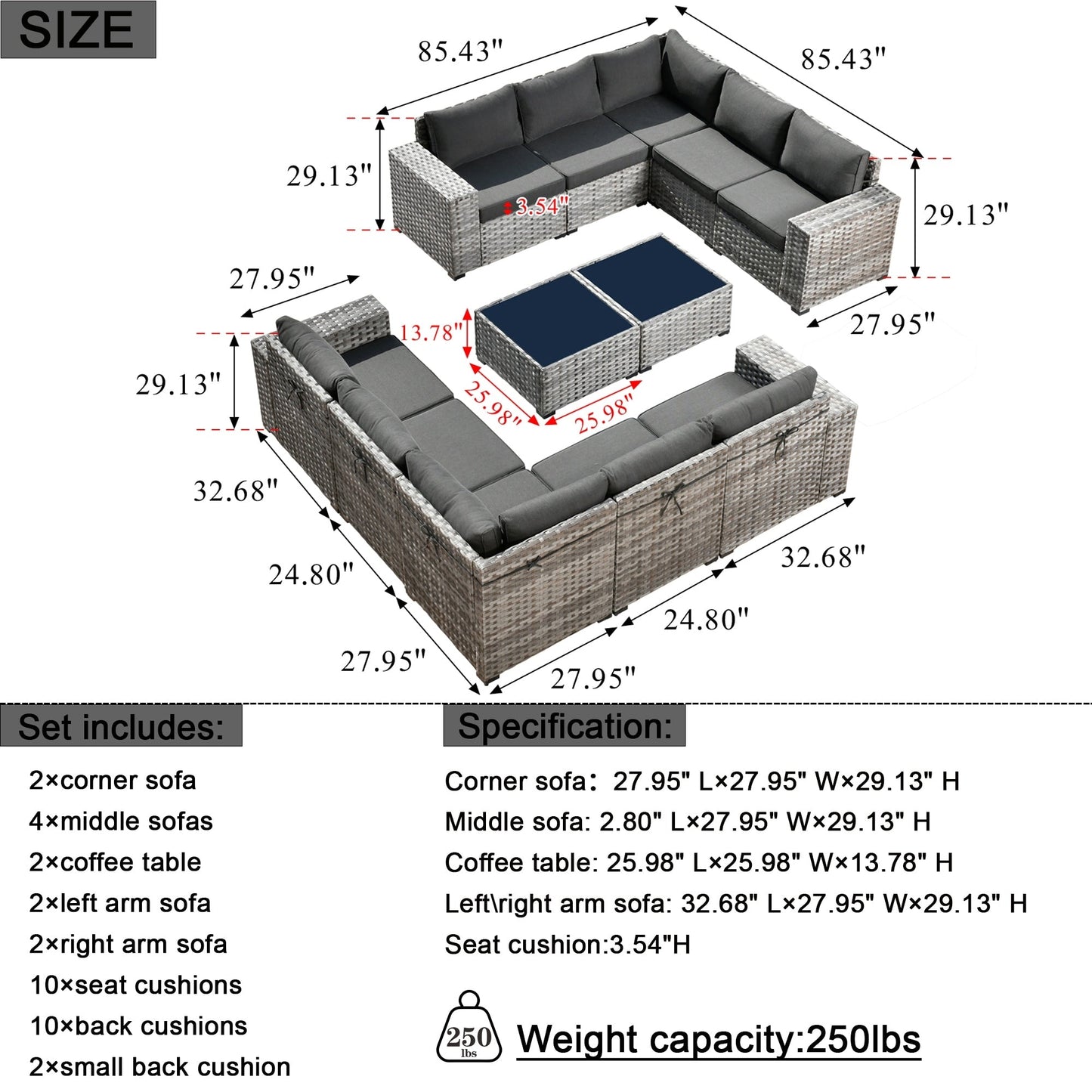 Set da 12 pezzi con tavolo e braccioli larghi per mobili da giardino in vimini OVIOS