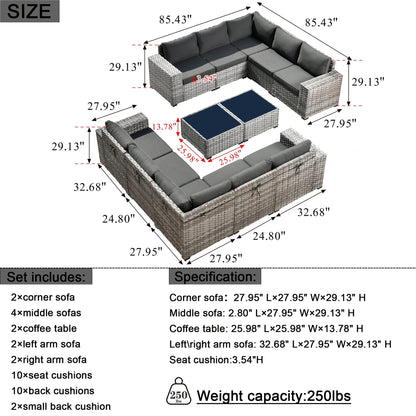 Set da 12 pezzi con tavolo e braccioli larghi per mobili da giardino in vimini OVIOS