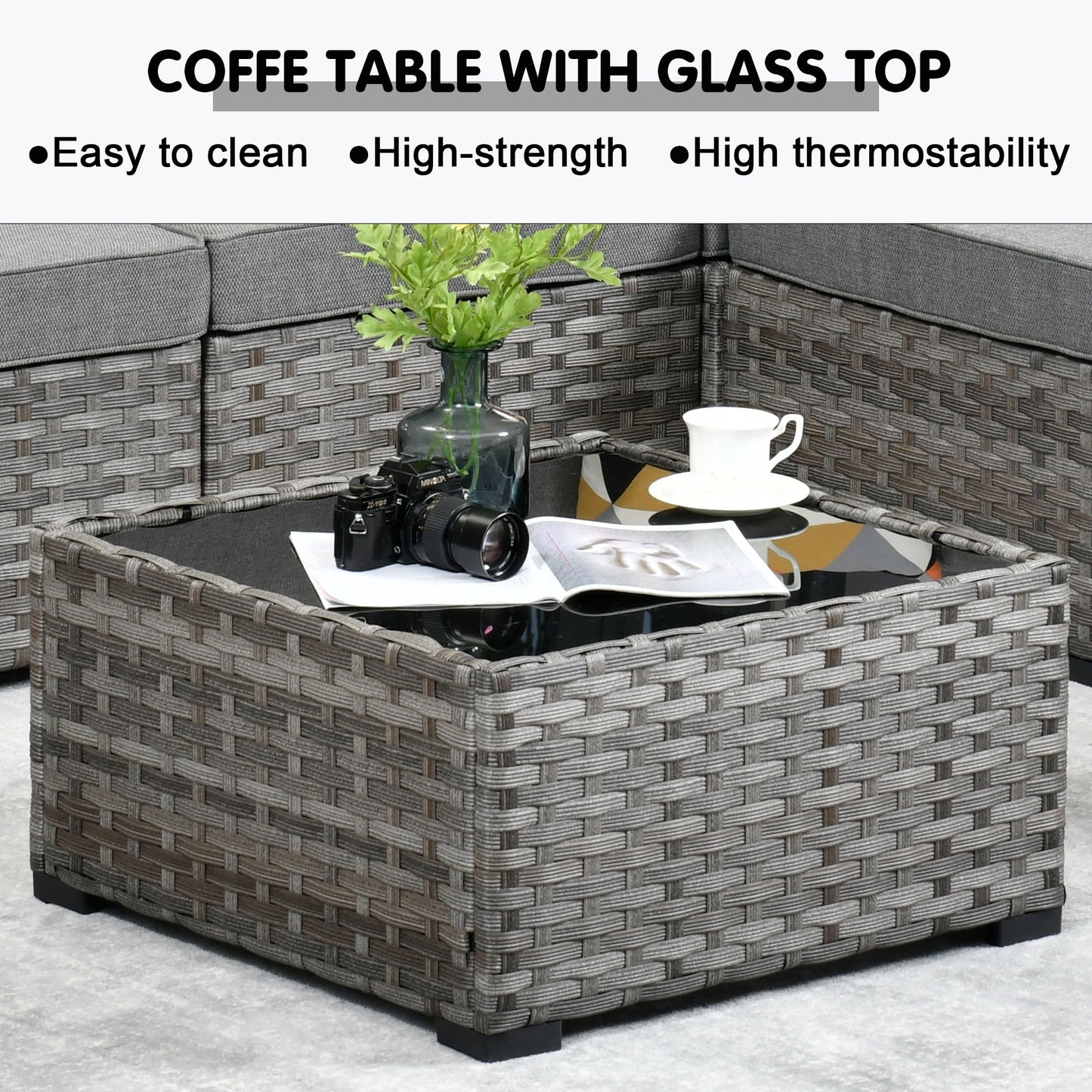 Set da 12 pezzi con tavolo e braccioli larghi per mobili da giardino in vimini OVIOS