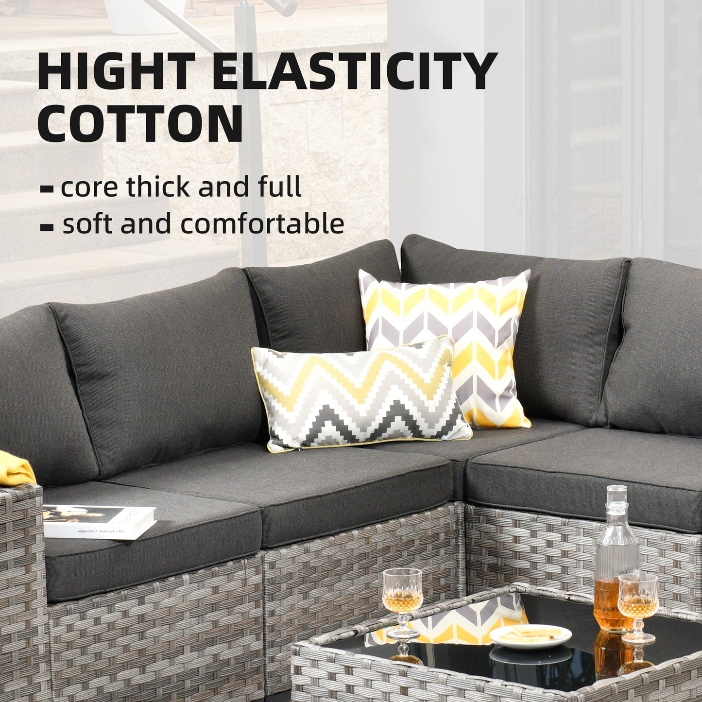 Set da 6 pezzi con tavolo e braccioli larghi per mobili da giardino in vimini OVIOS