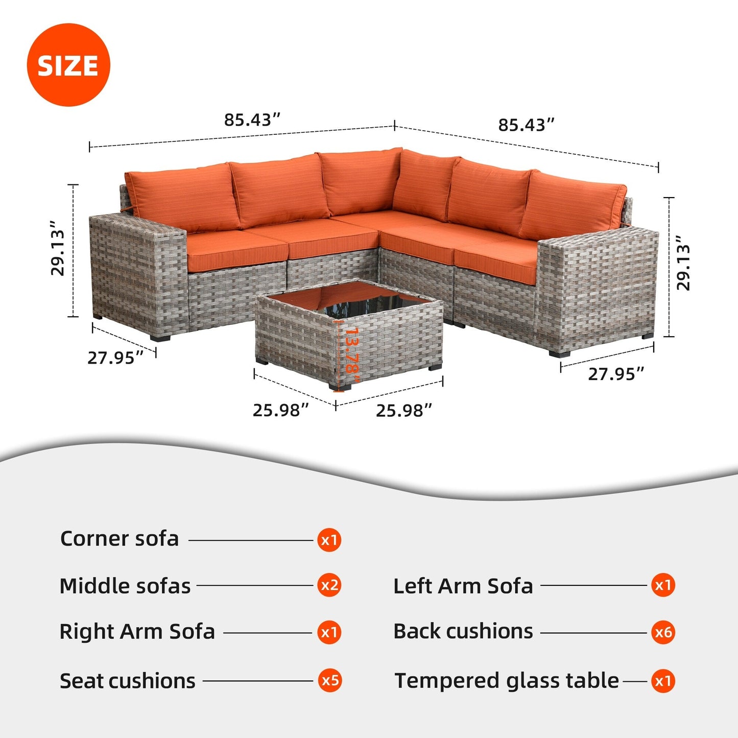 Set da 6 pezzi con tavolo e braccioli larghi per mobili da giardino in vimini OVIOS